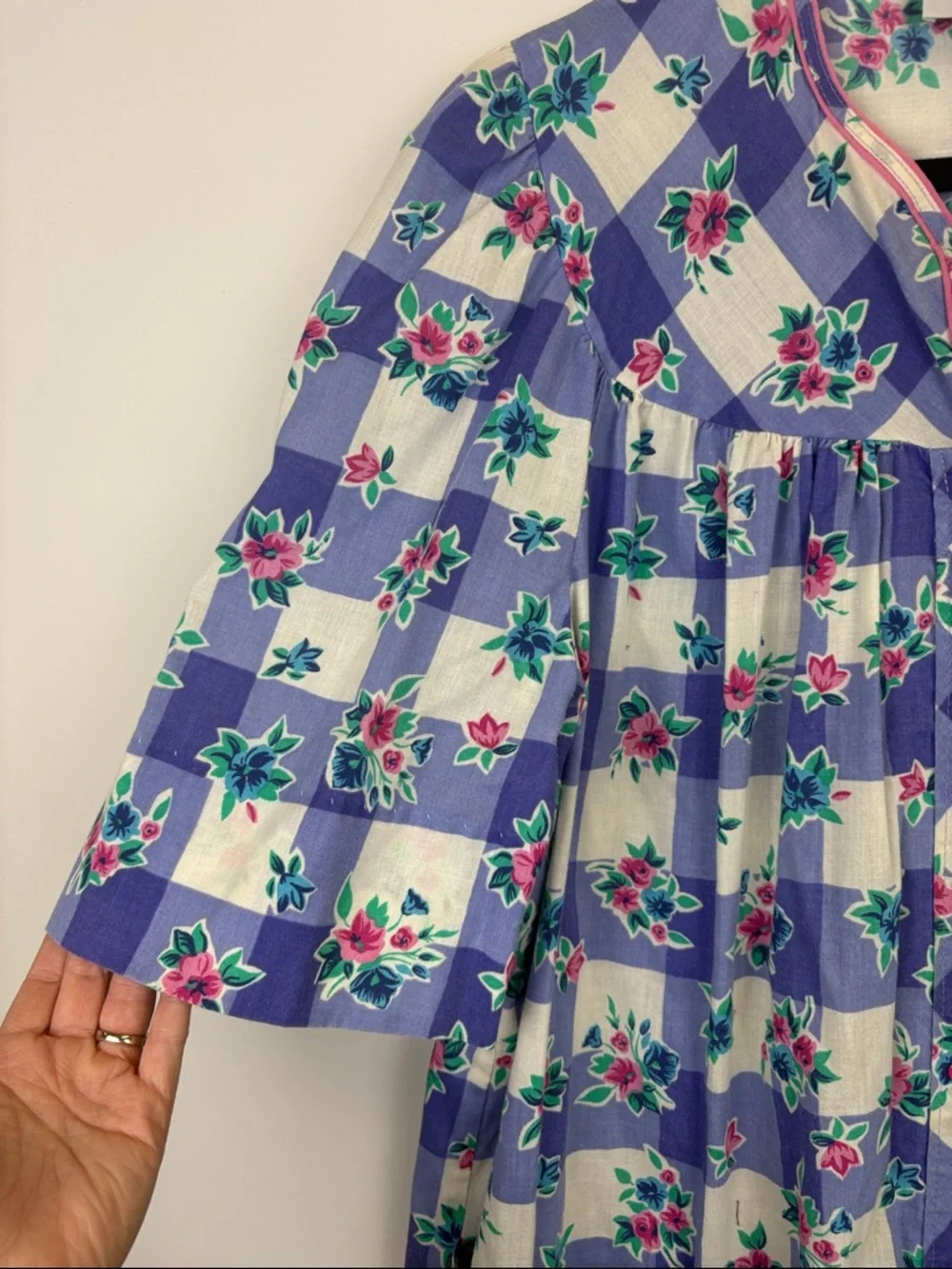 Vintage Models Coat Floral Gingham House Dress Cottagecore Smock Pockets Sz 14 - Picture 4 of 9